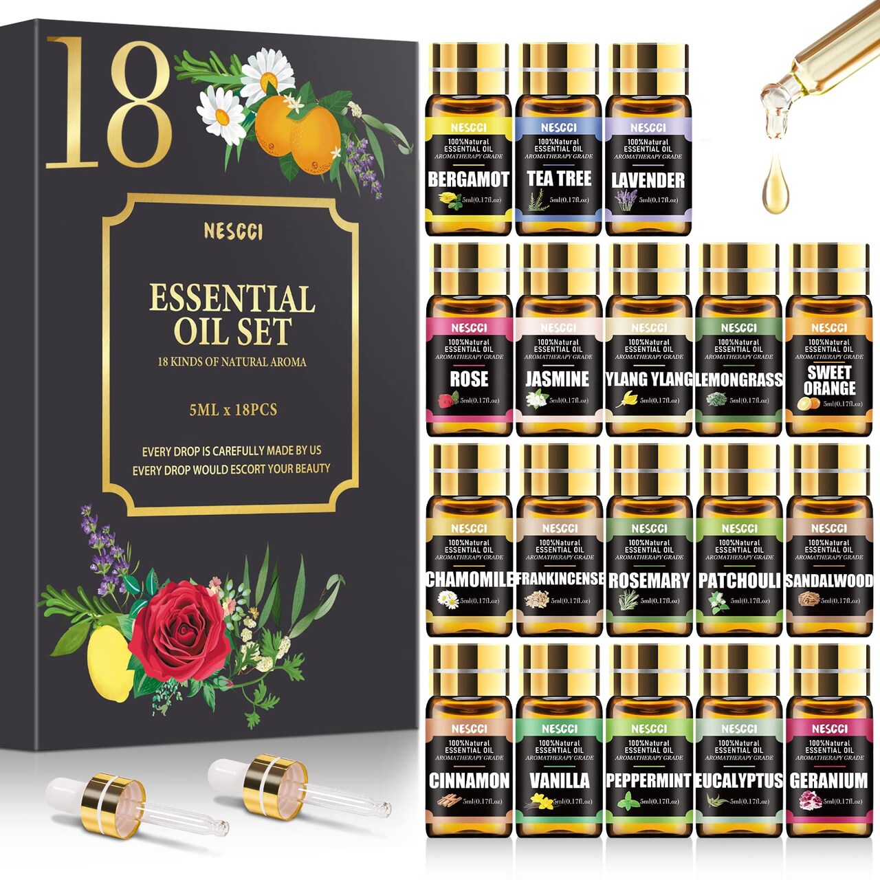 Essential Oil Gift Set -Perfect for Diffuser,Humidifier,Candle Making, Halloween, Christmas(18 * 5ML)